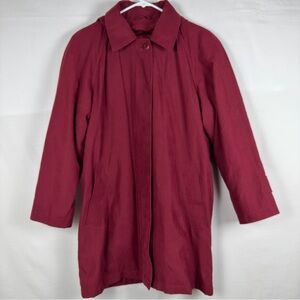 London Fog Red Coat Jacket Women's Small Petite Hooded Black Trim Lined Padded